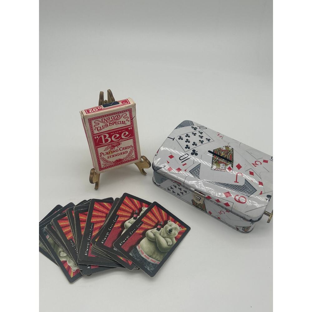 Vintage Playing Card Lot Coca-Cola Deck Bee Cards Box Musical Tin Coin Bank Box